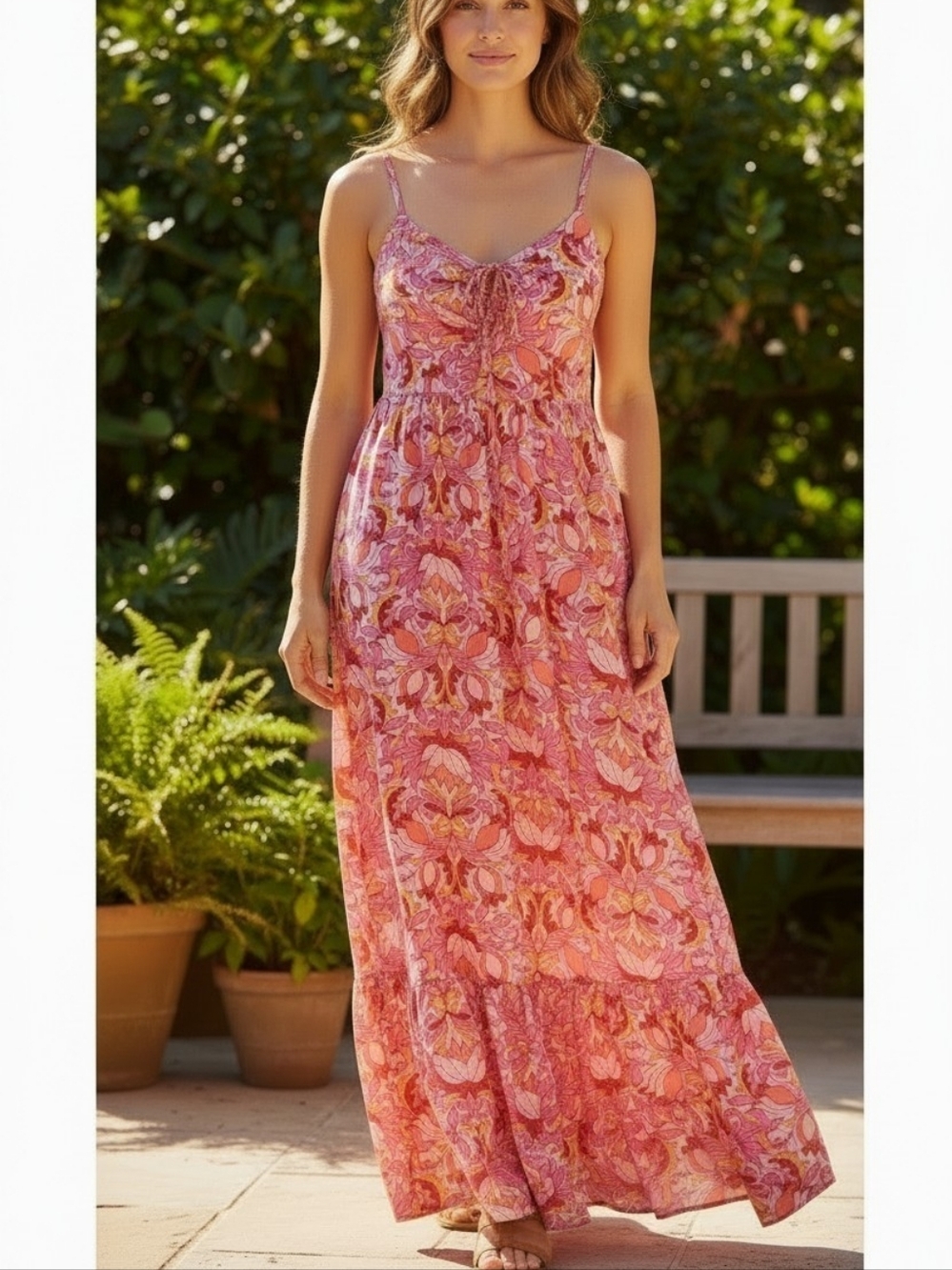 THML Dress Womens XS Pink Floral Tiered Maxi Ruffle Long Sundress Summer Boho